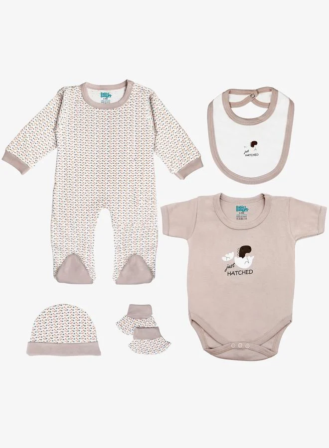 Babies Basic 5-Piece 100% Cotton Bib, Romper, Mittens, Cap and Sleepsuit Set